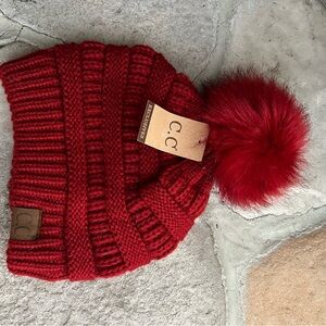 C.C Red Knit Hat with Pom-Pom